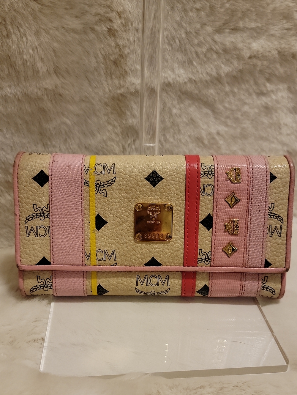 MCM Cream Wallet with Pink, Red and Yellow Stripe Accents
